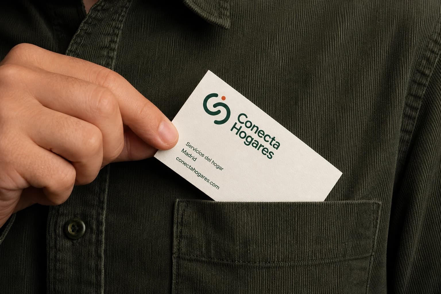 Cartão da Conecta Hogares sendo colocado no bolso de uma camisa verde